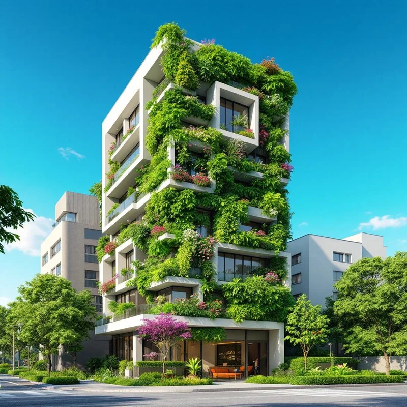 Exemplo de fachada com materiais sustentáveis integrados à revitalização