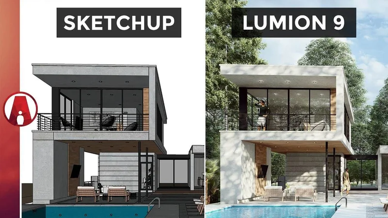 Galeria de imagens mostrando o mesmo modelo do SketchUp renderizado com diferentes softwares: V-Ray, Enscape e Lumion.