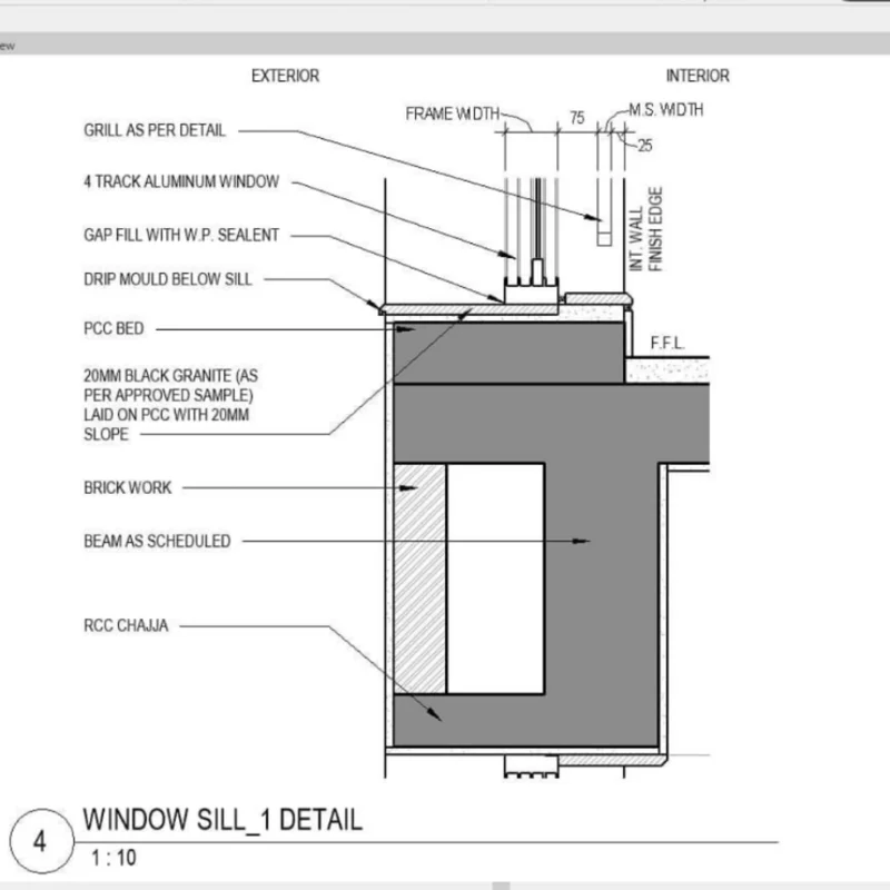 Exemplo de um detalhe construtivo em um projeto executivo, mostrando o encontro de uma parede com a laje.
