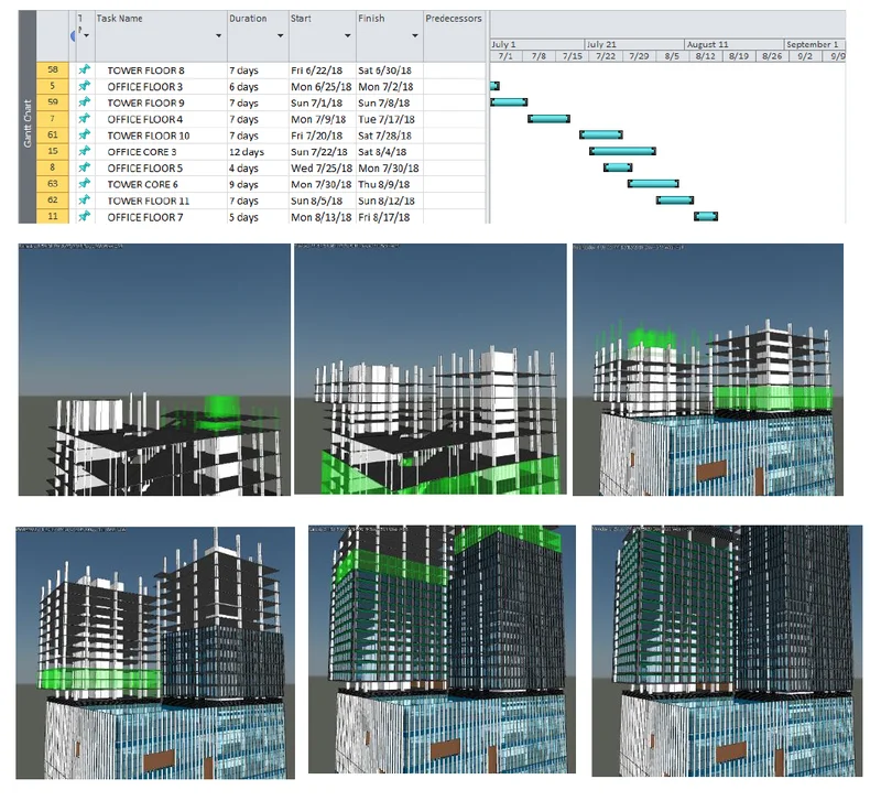 Exemplo de simulação 4D no Navisworks mostrando a evolução da construção