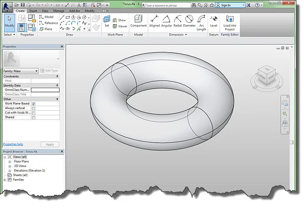 Tela do editor de famílias do Revit, mostrando a criação de uma família de cadeira paramétrica.