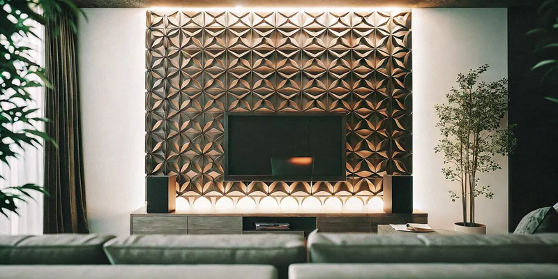 Parede de uma sala de jantar com revestimento 3D cimentício, iluminada por spots de luz que realçam o relevo.