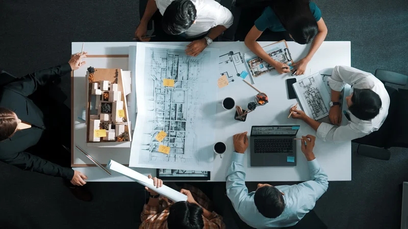 Arquitetos em reunião discutindo setorização