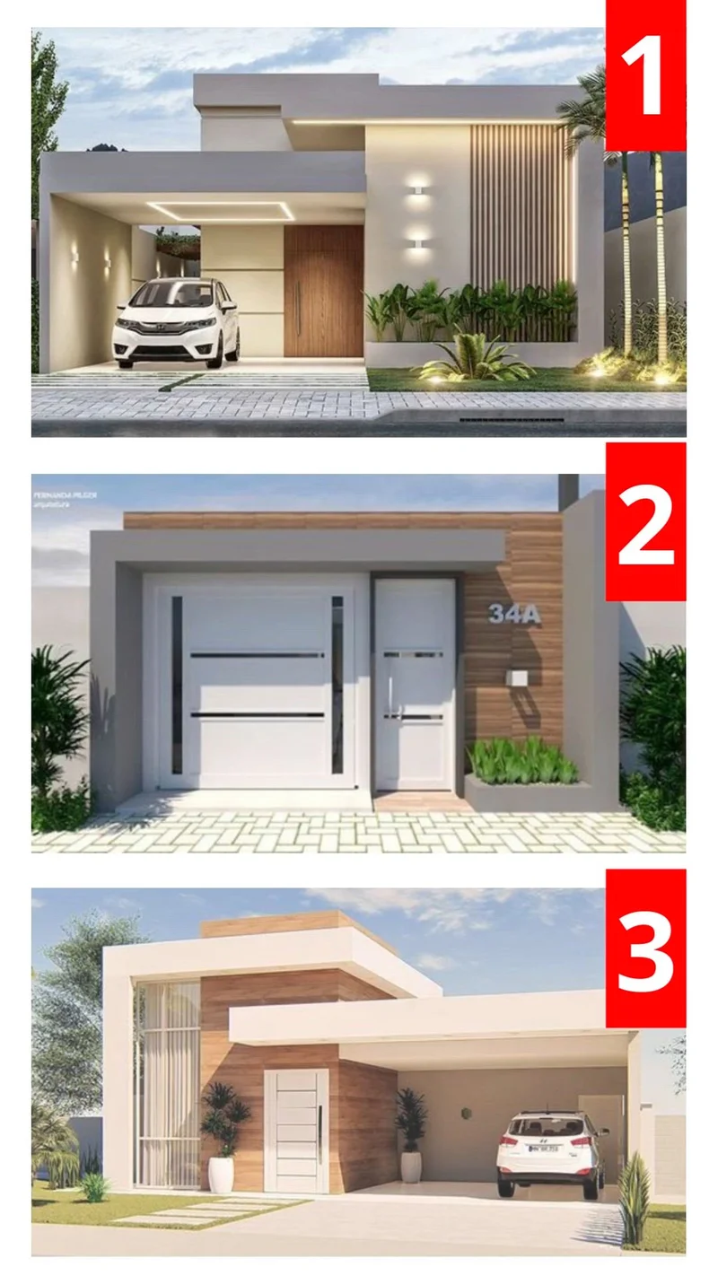 Fachada de casa moderna com platibanda e iluminação embutida, valorizando o volume da construção.